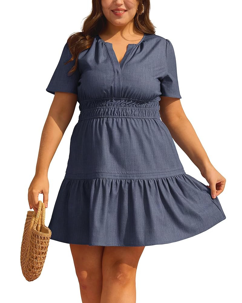 Women's Plus Size Denim Dress Short Sleeve V Neck Short Dress Ruffle Hem Boho Casual Jean Dresses | Amazon (US)