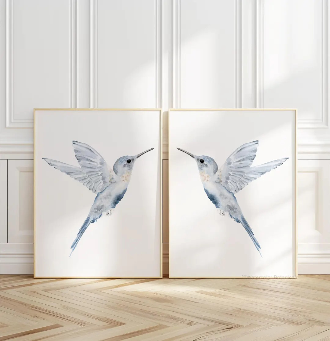 Hummingbird Wall Art, Set of 2 Prints, Gift Idea for Bird Lovers, Light Blue Artwork, Baby Boy & ... | Etsy (US)