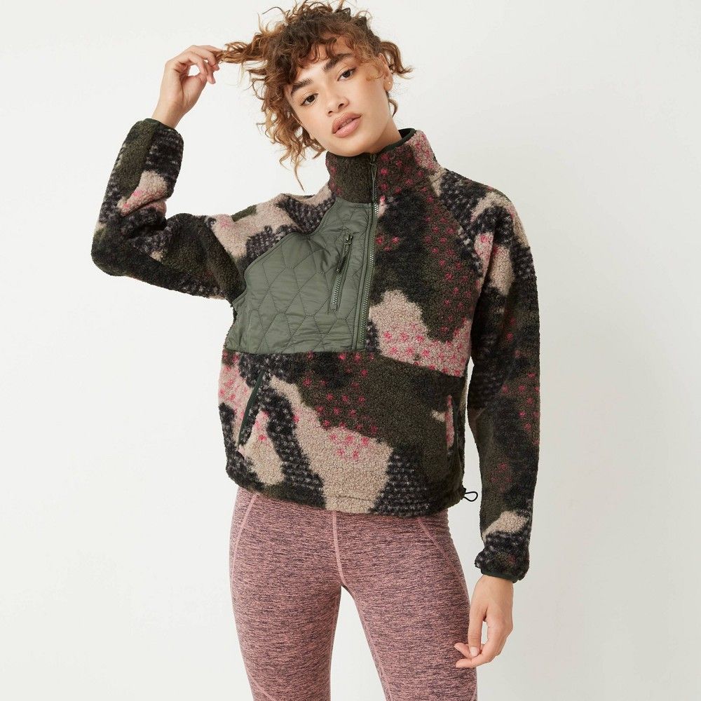Women's 1/2 Zip Sherpa Pullover Sweatshirt - JoyLab Camo Print XL, Green Print | Target