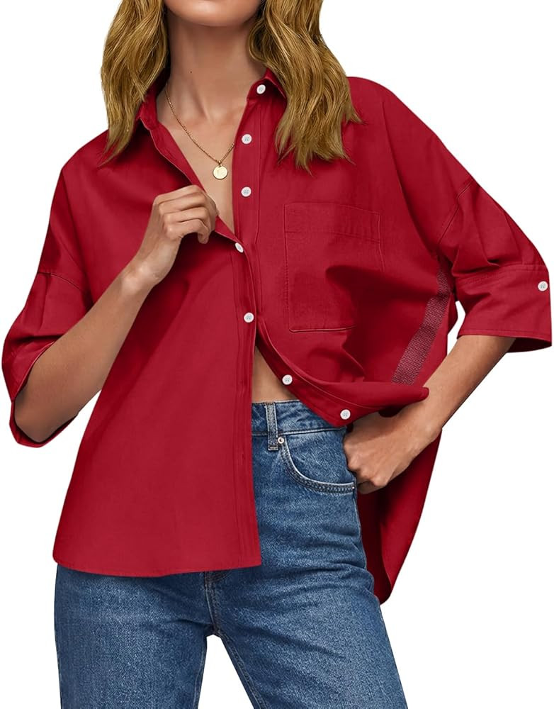 Cicy Bell Womens Summer Oversized Button Down Shirts Half Sleeve V Neck Business Casual High Low ... | Amazon (US)