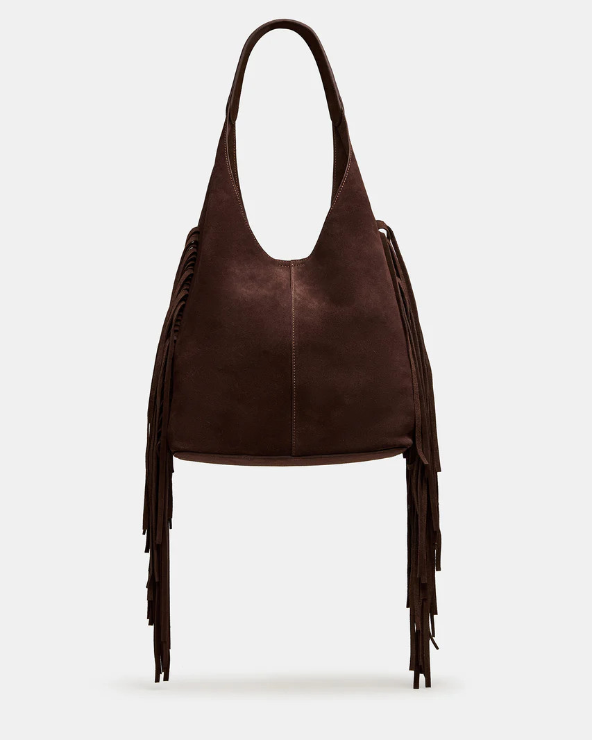 AUTUMN Fringe Bag Chocolate Shoulder Strap Slouchy Hobo Suede Tote Handbag | Steve Madden (US)