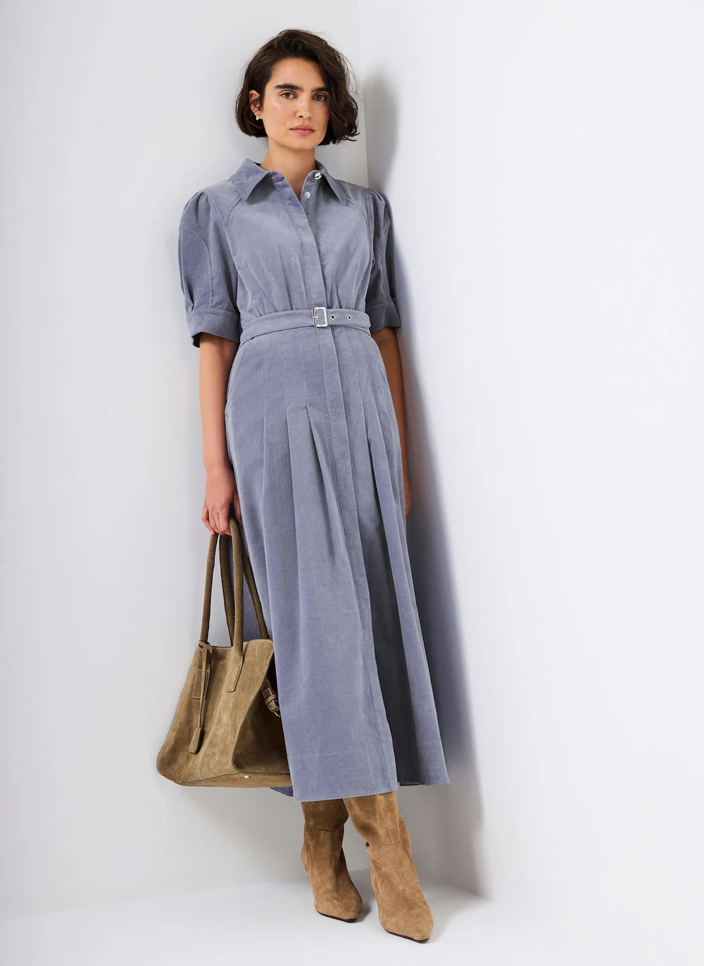 Blue Corduroy Belted Midi Dress | Mint Velvet