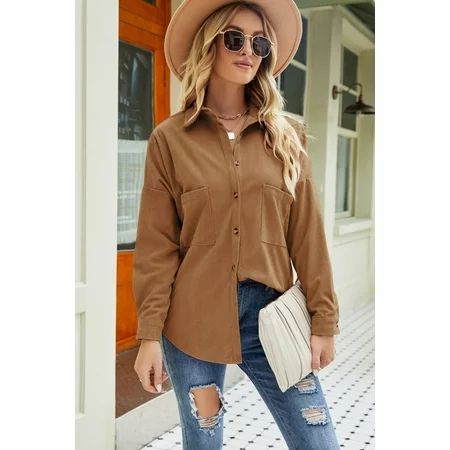 Button Up Corduroy Shacket with Pockets ( Color:Camel; Size:S;) | Walmart (US)