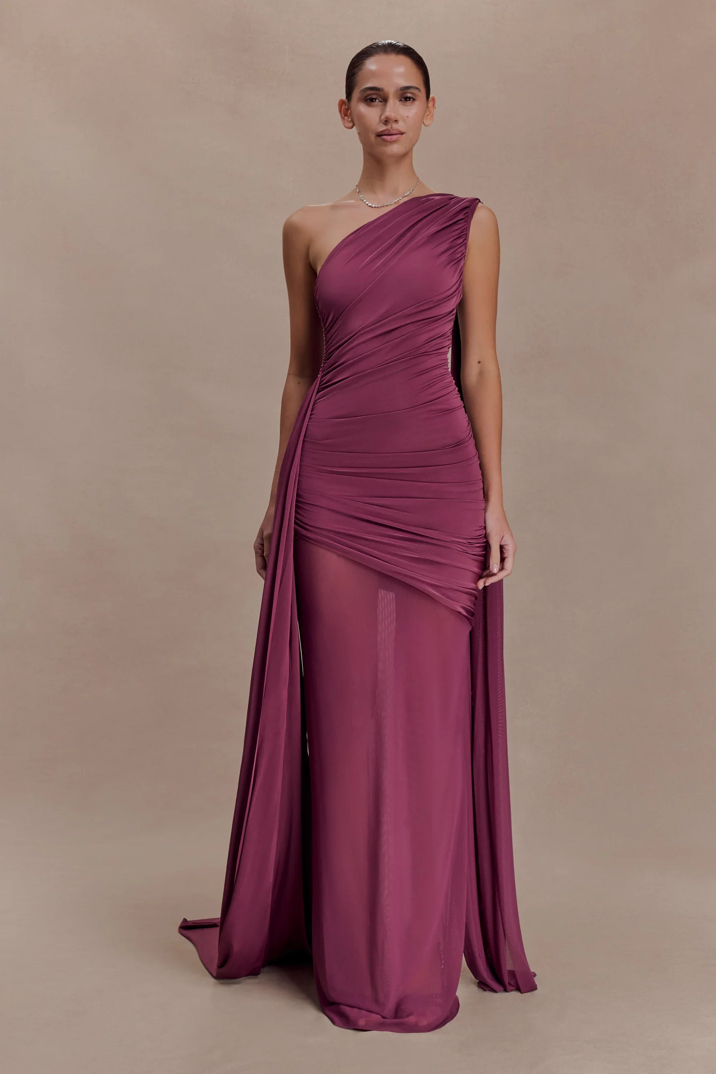 Asher Slinky One Shoulder Maxi Dress - Neutral Plum | MESHKI US