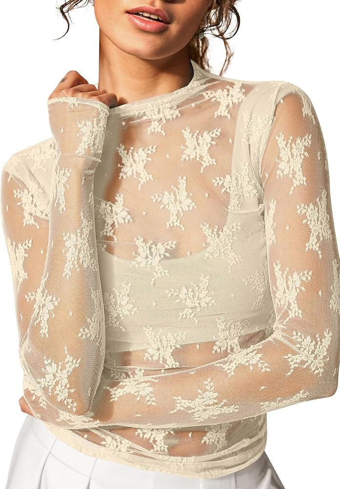 KTILG Womens Mesh Long Sleeve Top Sheer Blouse Sexy See Through Tee Shirt Lace Tops S-XXL | Amazon (US)
