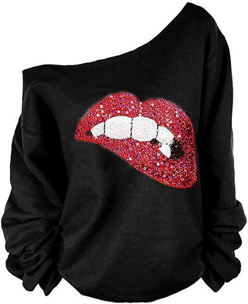 Woman’s Sweatershirt Lips Print Causal Blouse Off The Shoulder Long Sleeve Loose Slouchy Pullov... | Amazon (US)