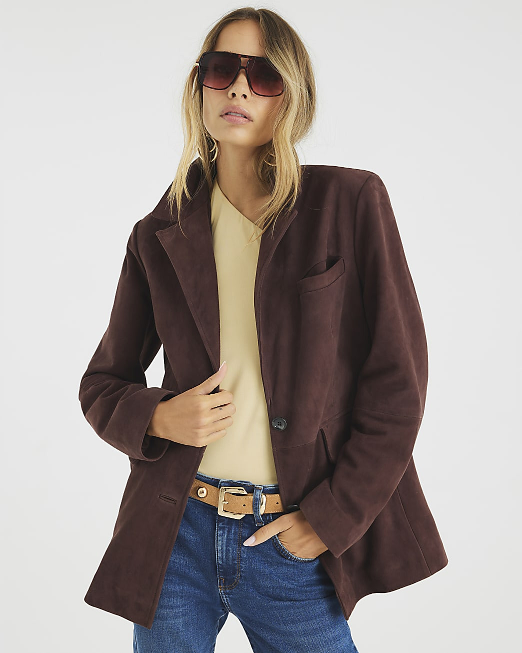 Brown Boxy Fit Suede Blazer | River Island UK & IE