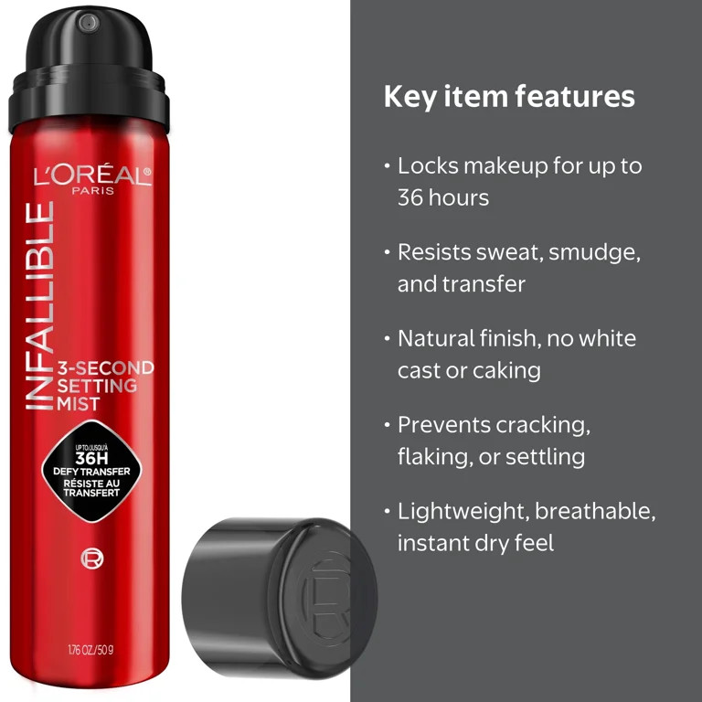 L'Oreal Paris Infallible 3-Second Setting Spray Mist 36H Wear Natural Finish 1.76 oz, Clear | Walmart (US)