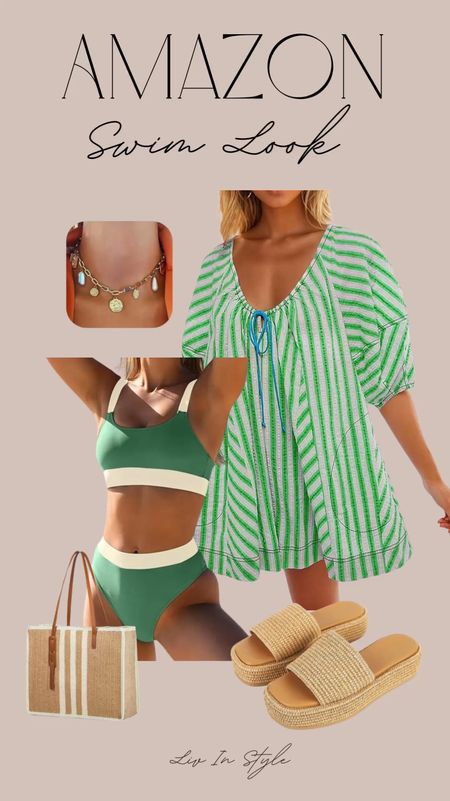 A perfect beach or pool day look for any upcoming trip! All found on Amazon - charm jewelry, swimsuit, romper coverup, platform sandals 

#LTKSwim #LTKSeasonal #LTKVideo