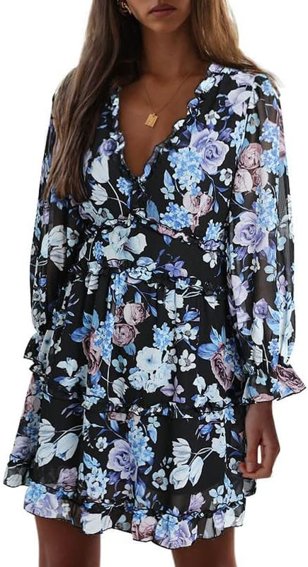 Dokotoo Womens 2023 Spring Summer Deep V Neck Ruffle Long Sleeve Floral Print Mini Dress | Amazon (US)