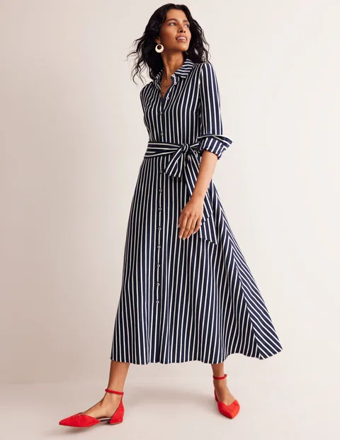 Marcia Jersey Midi Shirt Dress - Navy, Ivory Stripe | Boden UK | Boden UK