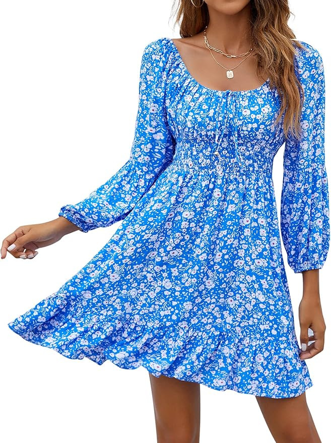 FARORO Smocked Dresses for Women Lantern Sleeve Boho Floral Sundress Ruffled Off Shoulder A-Line ... | Amazon (US)