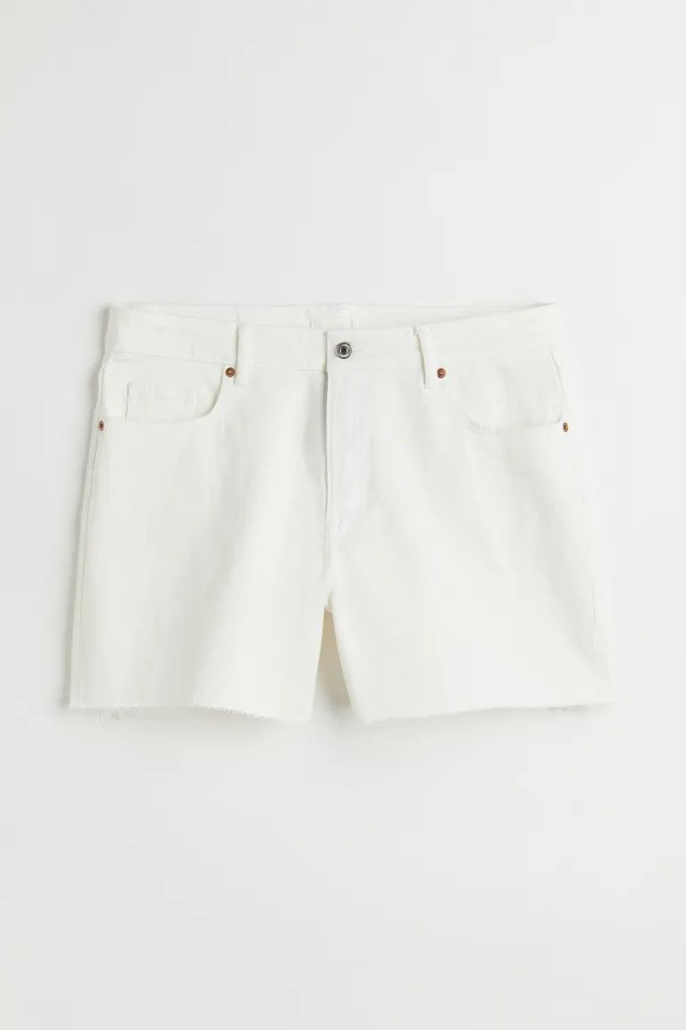 5-pocket shorts in washed denim with a high waist, zip fly and button, and raw-edge hems. | H&M (US + CA)