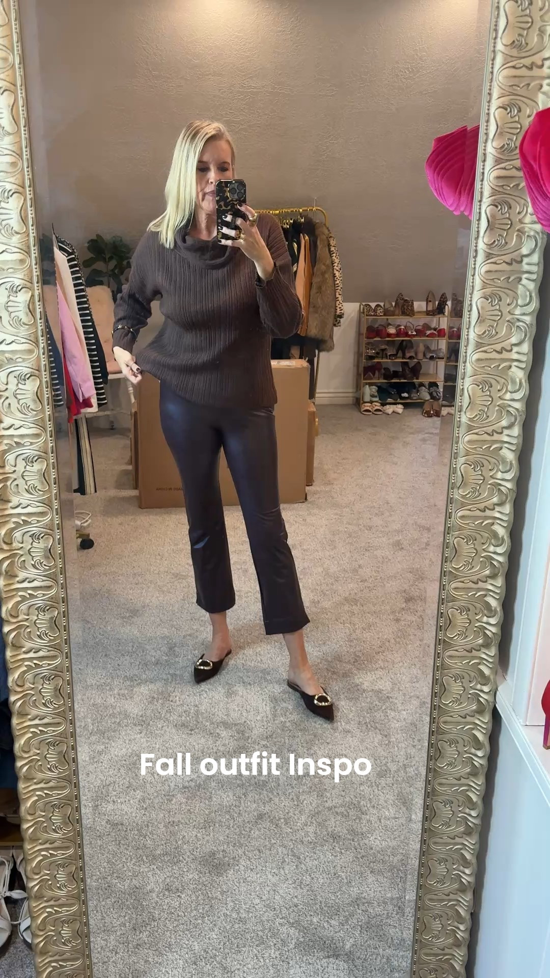 Fall outfit Inspo 

Chocolate brown and deep wkne(almost brown) faux leather pants  by Lysse’ with tummy control & fit tts 

Amazon find cowl neck sweater in chocolate brown , soft and good quality not itchy tts in a med

Suede pointed toe chocolate brown with large gold buckle mule by Steve Madden  

Julie Vos gold earrings
Tortoise bangle and rings 
09 915 prime prime


#LTKWorkwear #LTKStyleTip #LTKOver40