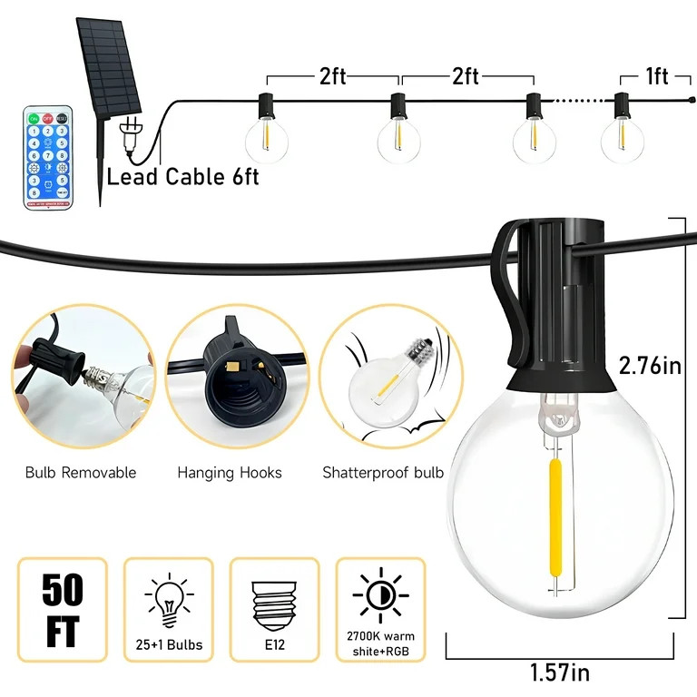 DAYBETTER G40 Solar Outdoor String Lights, Remote Control, 50ft Waterproof Hanging Lights with 8 ... | Walmart (US)