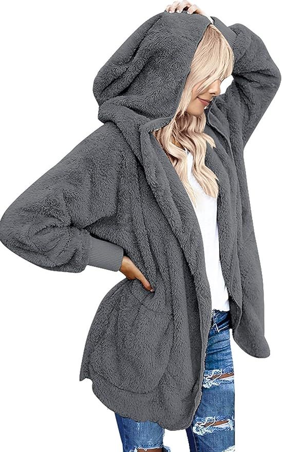 Yanekop Womens Fuzzy Fleece Open Front Hooded Cardigan Jackets Sherpa Coat with Pockets | Amazon (US)