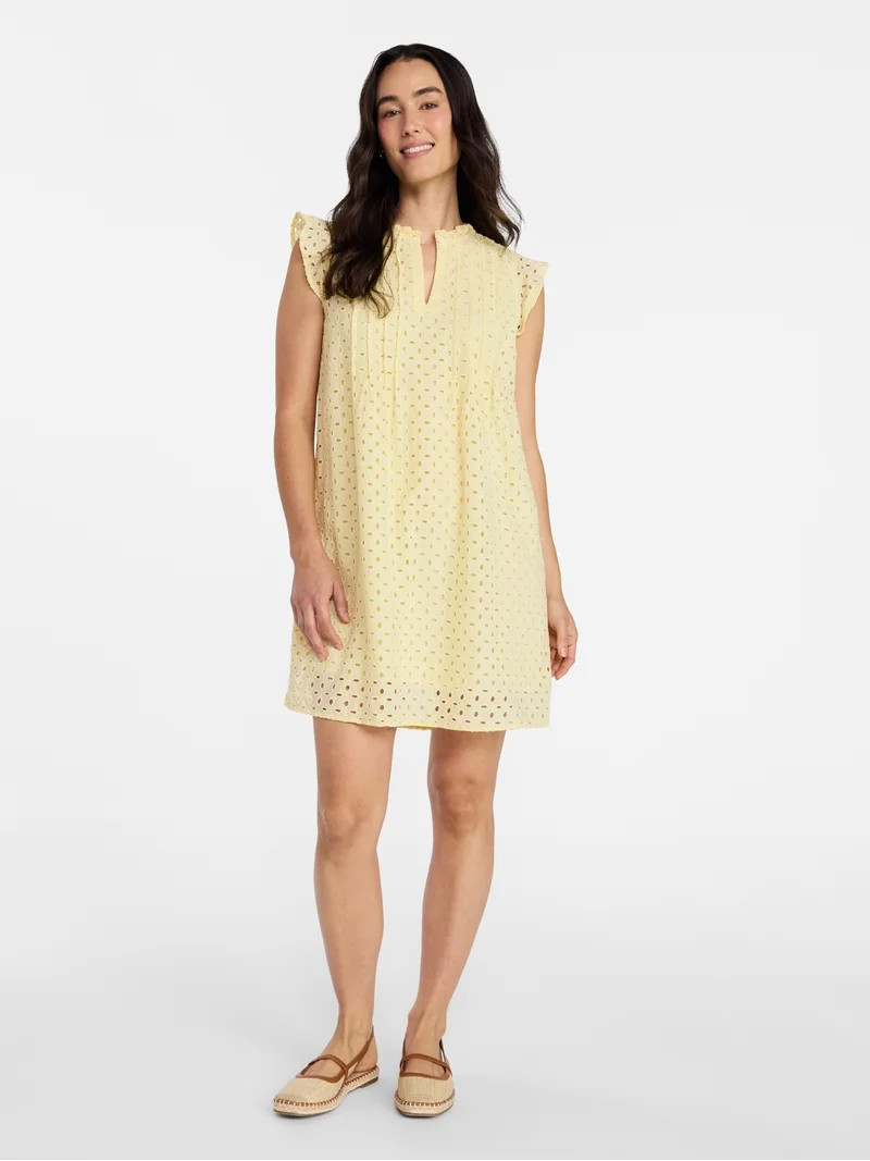 Time and Tru Women's Cotton Eyelet Mini Dress with Flutter Sleeves, Sizes XS-XXXL | Walmart (US)