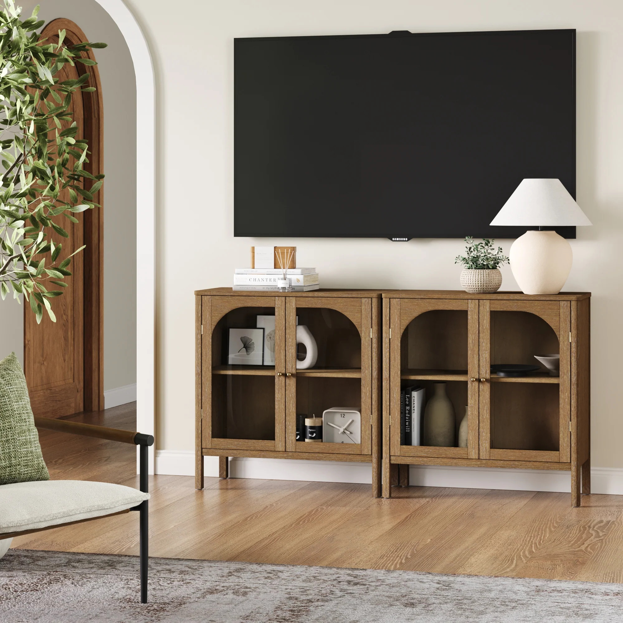 Wood & Glass Door TV Console Credenza Brown (Set of 2) | Nathan James