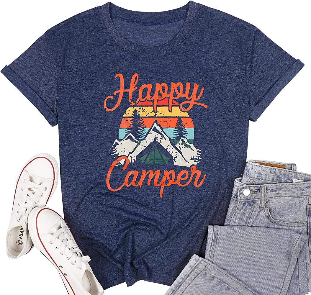 Happy Camper Shirt for Women Funny Cute Graphic Tee Short Sleeve Letter Print Casual Tee Shirts | Amazon (US)