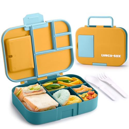Bento Box for Kids, Cute Lunch Box Containers for Girls Boys, Toddler School Lunch Box for Daycare with 5 Compartments, Kids Lunchbox Container with Utensils and Sauce Cup, Orange Green | Amazon (US)