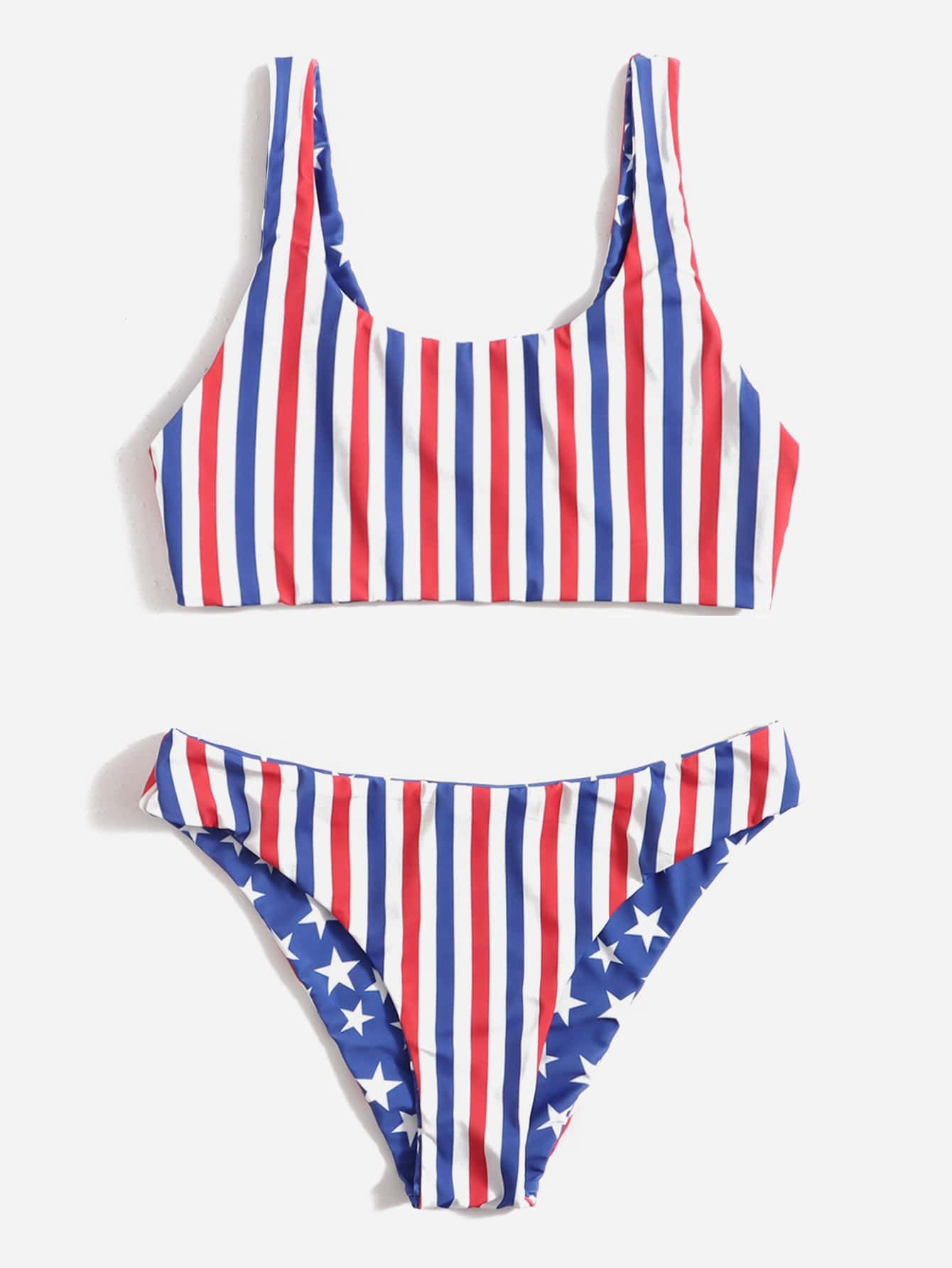 Reversible American Flag Print Bikini Swimsuit | SHEIN