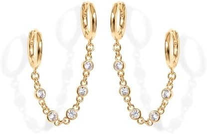 PAVOI 14K Gold Chain Earrings for Women | Double Piercing Dangle Chain Huggie Hoop Earrings | Cub... | Amazon (US)