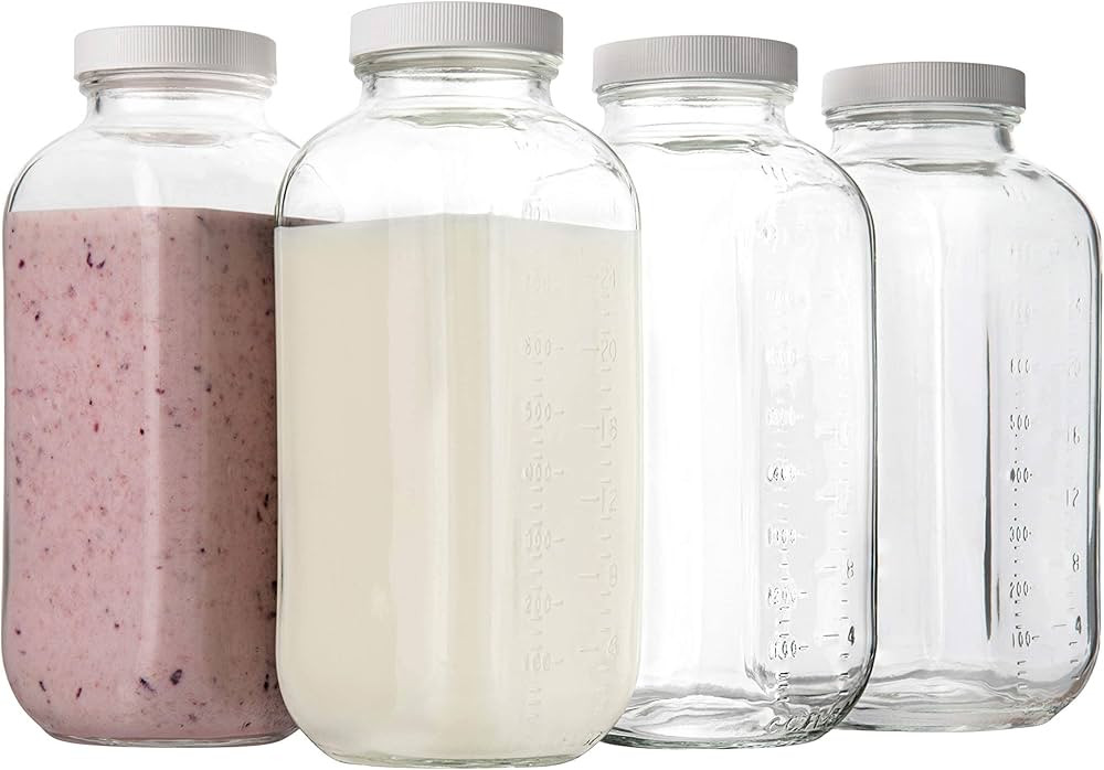 kitchentoolz 32oz Square Glass Milk Bottle with Plastic Airtight Lids, Reusable Dairy Drinking Co... | Amazon (US)