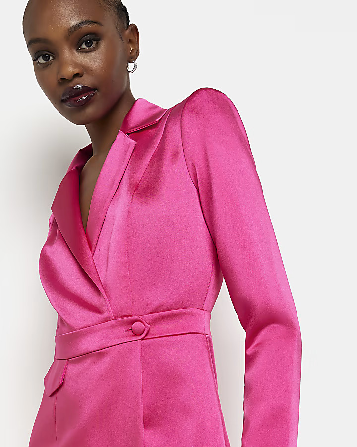 Pink satin wrap blazer mini dress | River Island (US)