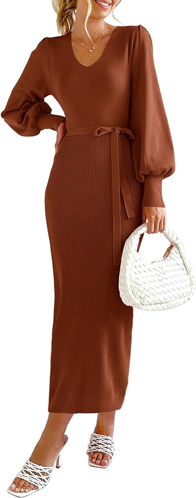 PRETTYGARDEN Women's 2023 Fall Knit Pullover Sweater Elegant Long Lantern Sleeve V Neck Maxi Dres... | Amazon (US)