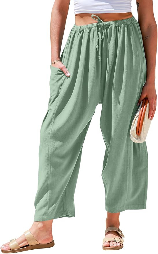 TARSE Womens Linen Wide Leg Pants Casual Loose Drawstring Summer Beach Travel Vacation Palazzo Ha... | Amazon (US)