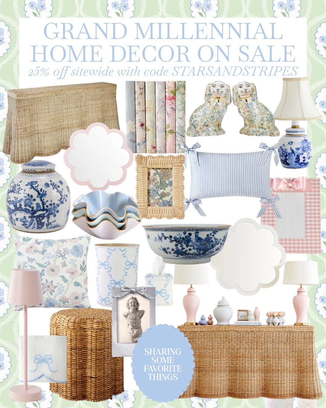 Today is the last chance to shop the biggest 4th of July sale!!! Everything sitewide is 25% OFF - pillows, fabrics, rugs, decor, all of it!!!!🇺🇸✨

Enjoy 25% OFF sitewide with code STARSANDSTRIPES 🙌🏼 Now is the perfect time to refresh your space and grab some beautiful home pieces you’ve been eyeing 🏡🩵🌸

#homedecor #grandmillennial #grandmillennialdecor #grandmillenialstyle #homedecorideas #interior #interiordesign #cozyspaces #home #homedesign #homestyle #design #style #grandmillennial #grandmillennialhome #scallop #scallopdecor #rattan #rattandecor #rattanstyle #pink #pinkdecor #lightpink #blue #lightblue #blueandwhite #blueandwhitedecor #chinoiserie #floral #floraldecor #nursery #nurserydecor #nurserydesign #nurseryinspo #nurserystyle #scallop #rattan #chinoiserie #gingham #floral #sale #salealert #deal #dealoftheday @caitlinwilsondesign

#LTKHome #LTKBaby #LTKmomlife
