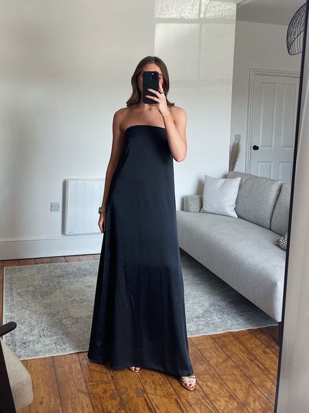 Wearing the size 8 in the asos black satin bandeau trapeze maxi dress
I’m 5 ft 6

Wedding guest inspiration black tie/occasion wear 