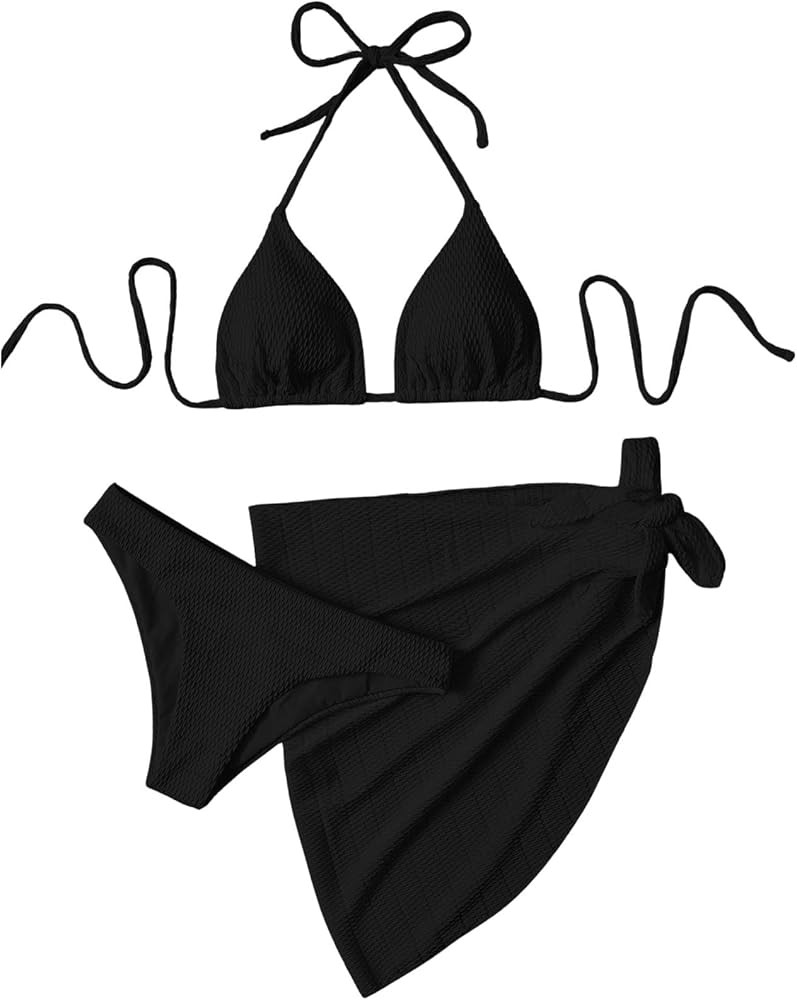 SHENHE Women's 3 Piece Textured High Cut Halter Triangle Bikini Swimsuit with Cover Up | Amazon (US)