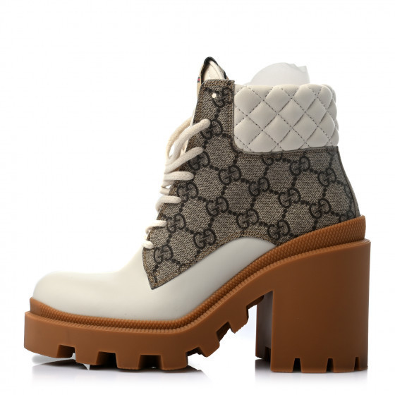 GUCCI Calfskin GG Supreme Monogram Nappa Quilted Lace Up Ankle Boots 35 Mystic White Beige | Fashionphile