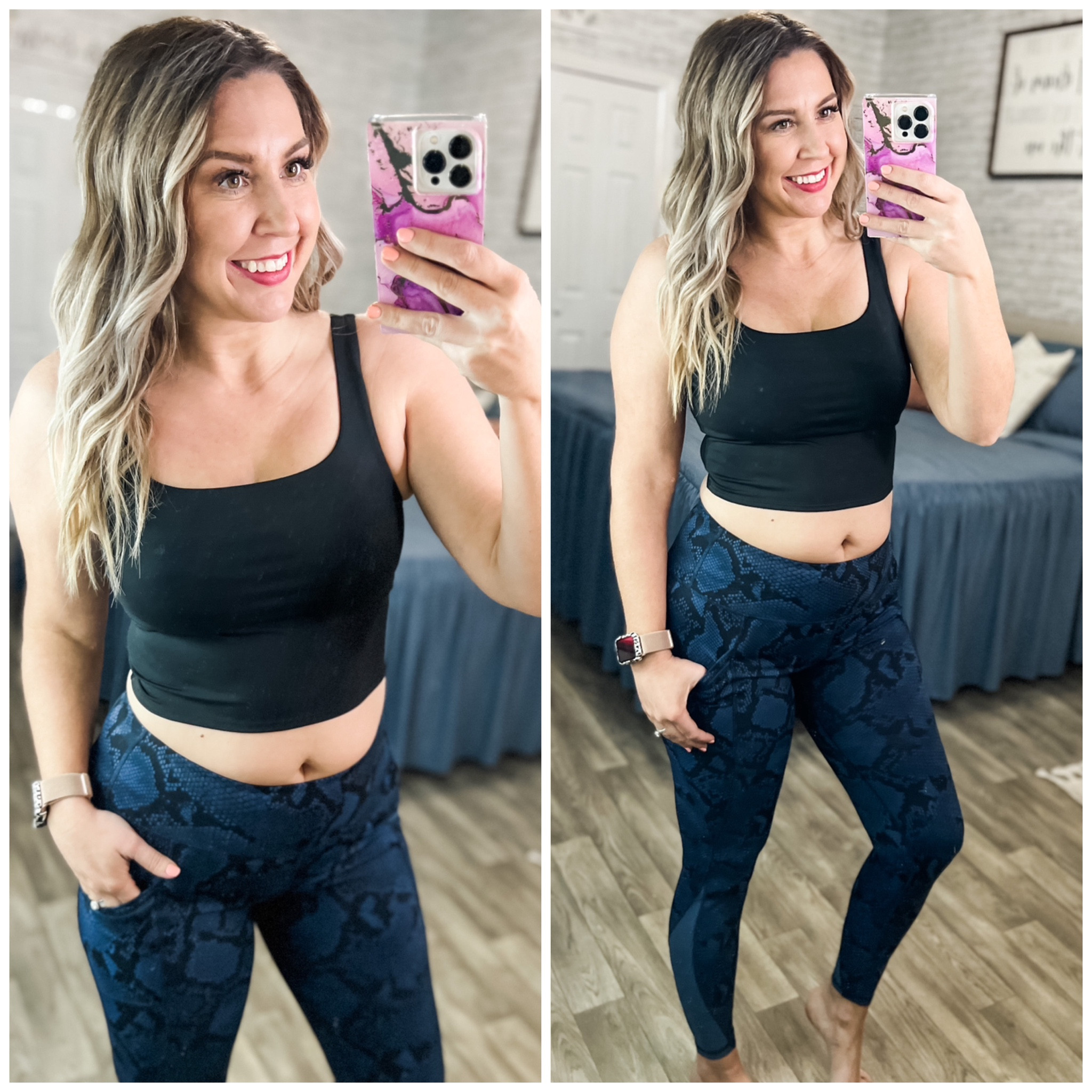 New leggings and sports bra (that I may also use as a crop top 🤪). The bra has pads, the leggings have pockets and good compression, and both are true to size. I’m in the medium in both and I’m 165 lbs, 5’7, long torso, and a C cup. 