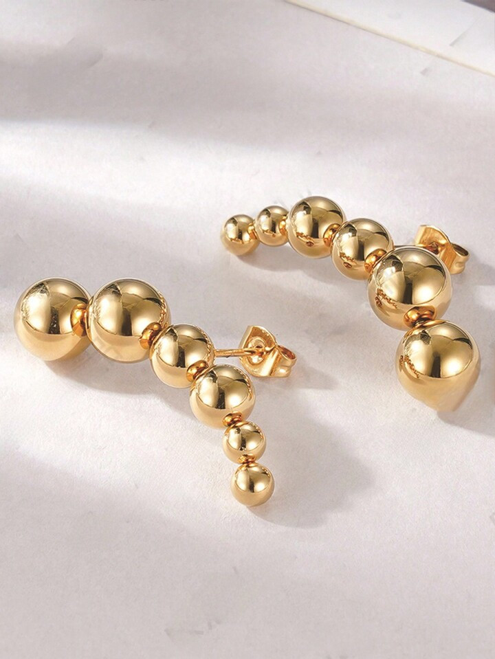 1Pair Europe And The United States Fashion Explosive Titanium Steel Smooth Bead Earrings Simple E... | SHEIN