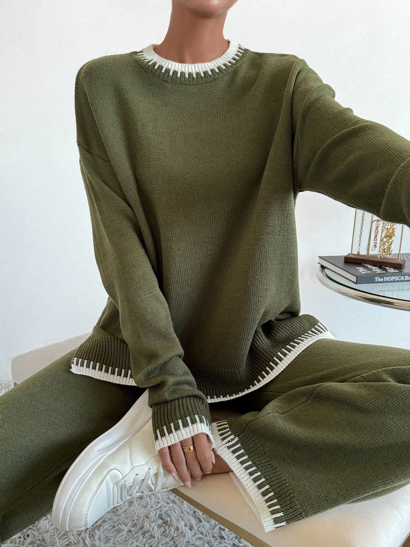 SHEIN Essnce Contrast Trim Drop Shoulder Sweater & Knit Pants | SHEIN