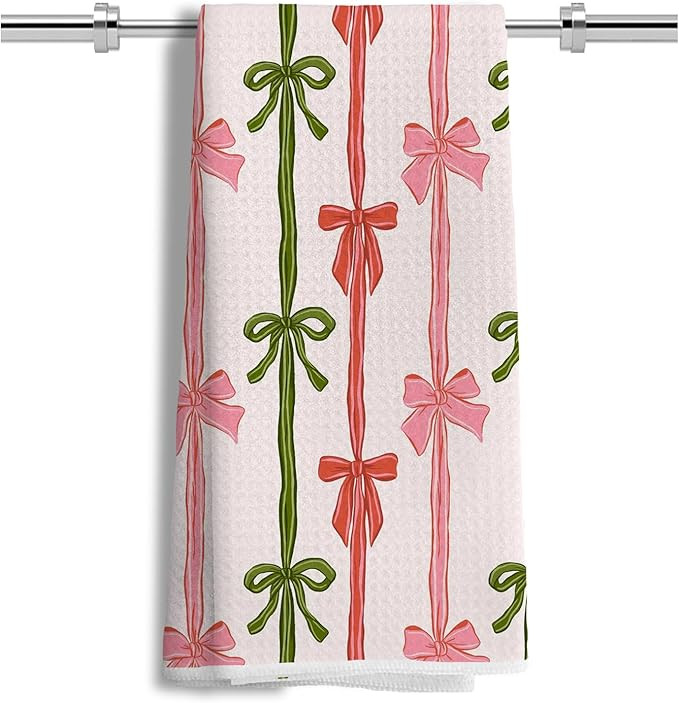 Coquette Red and Green Christmas Bow Kitchen Towels 16x24 Inch, Winter Holiday Pink Bow Stripes D... | Amazon (US)