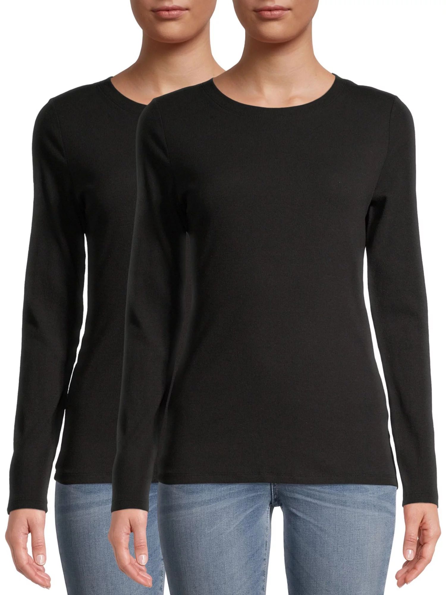 Time and Tru Women's Long Sleeve Ribbed T-Shirt, 2-Pack | Walmart (US)