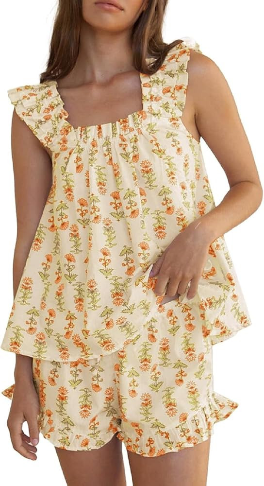 Aopwsrlyi Women's Floral Pajama Set 2 Piece Loungewear Cute Ruffle Trim Cami Tank Top and Shorts ... | Amazon (US)