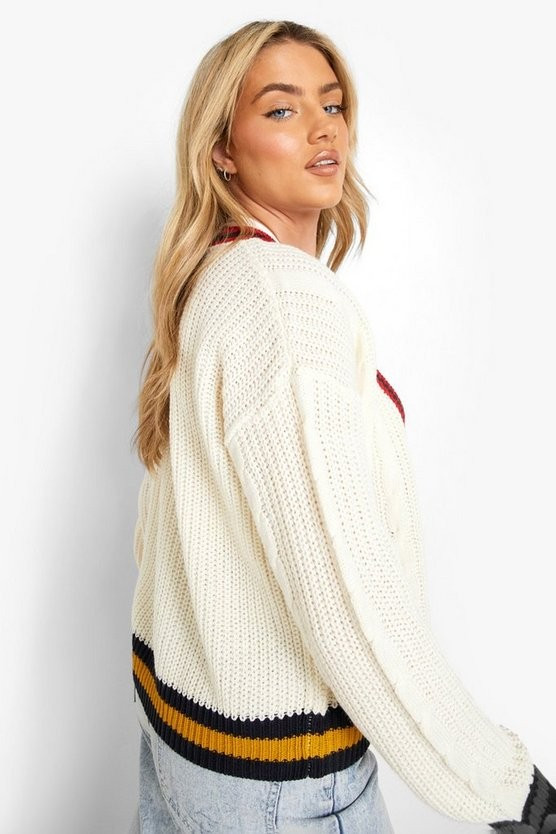 Cable Cropped Varsity Stripe Cardigan | Boohoo.com (US & CA)