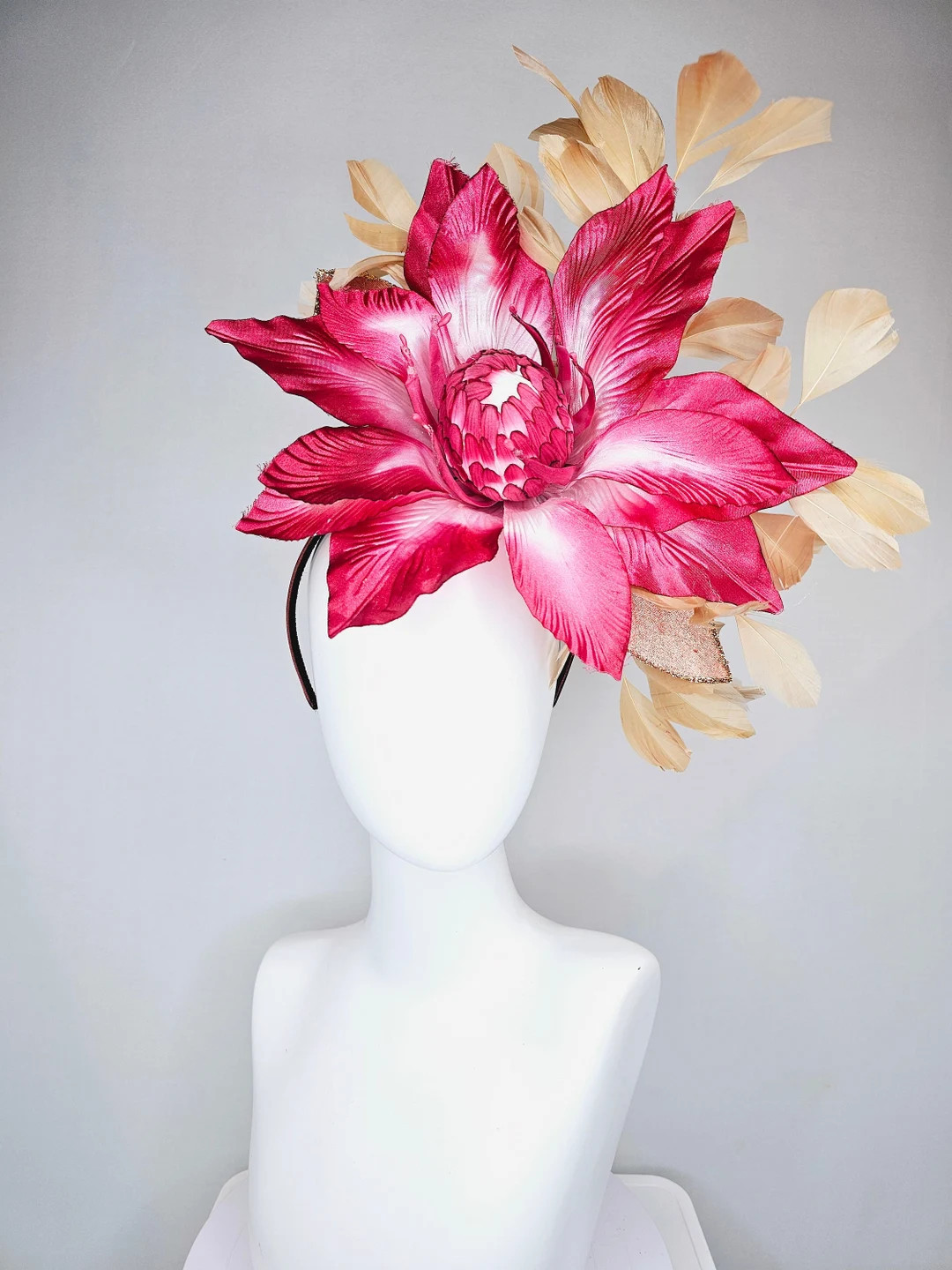 Kentucky Derby Hat Fascinator Large Satin Burgundy Maroon Red Flower With Beige Gold Feathers - E... | Etsy (US)