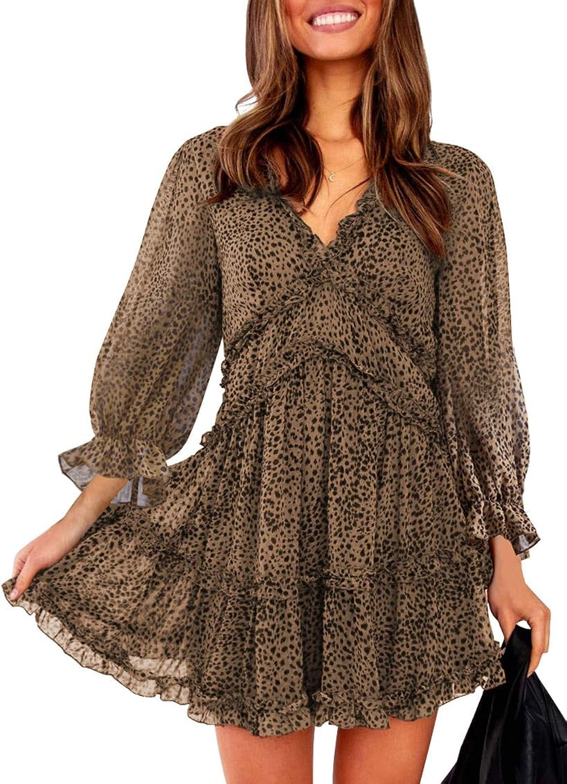 Dokotoo Womens 2022 Fall Summer Deep V Neck Ruffle Long Sleeve Floral Print Mini Dress | Amazon (US)