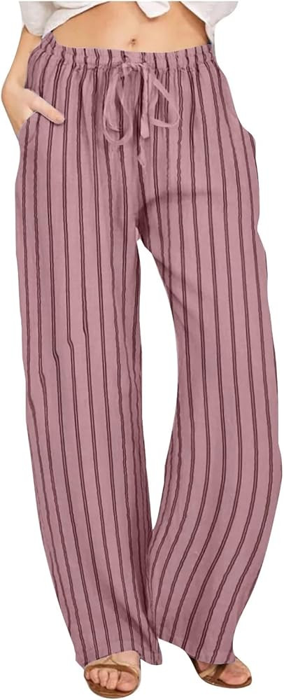 Cotton Linen Wide Leg Pants for Women Casual Striped Gingham Drawstring High Waisted Palazzo Trou... | Amazon (US)