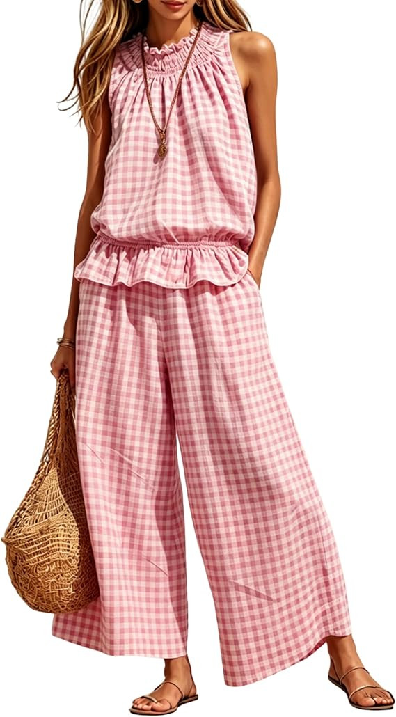 Tanming Women's 2 Piece Set Outfits Gingham Plaid Sleeveless Ruffle Top Wide Leg Pants Summer Cas... | Amazon (US)