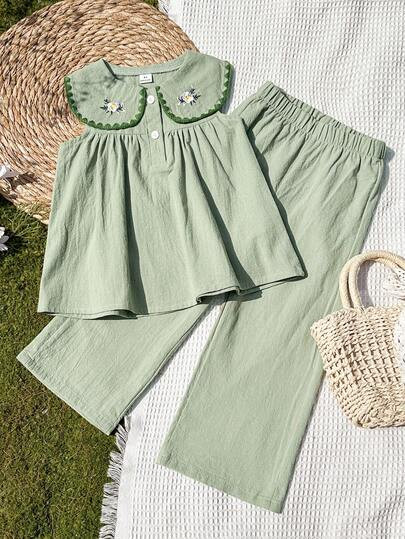 Vintaside Kids Girls Toddler Floral Embroidered Pinafore Dress & Top 2 Pieces Set, Countryside St... | SHEIN