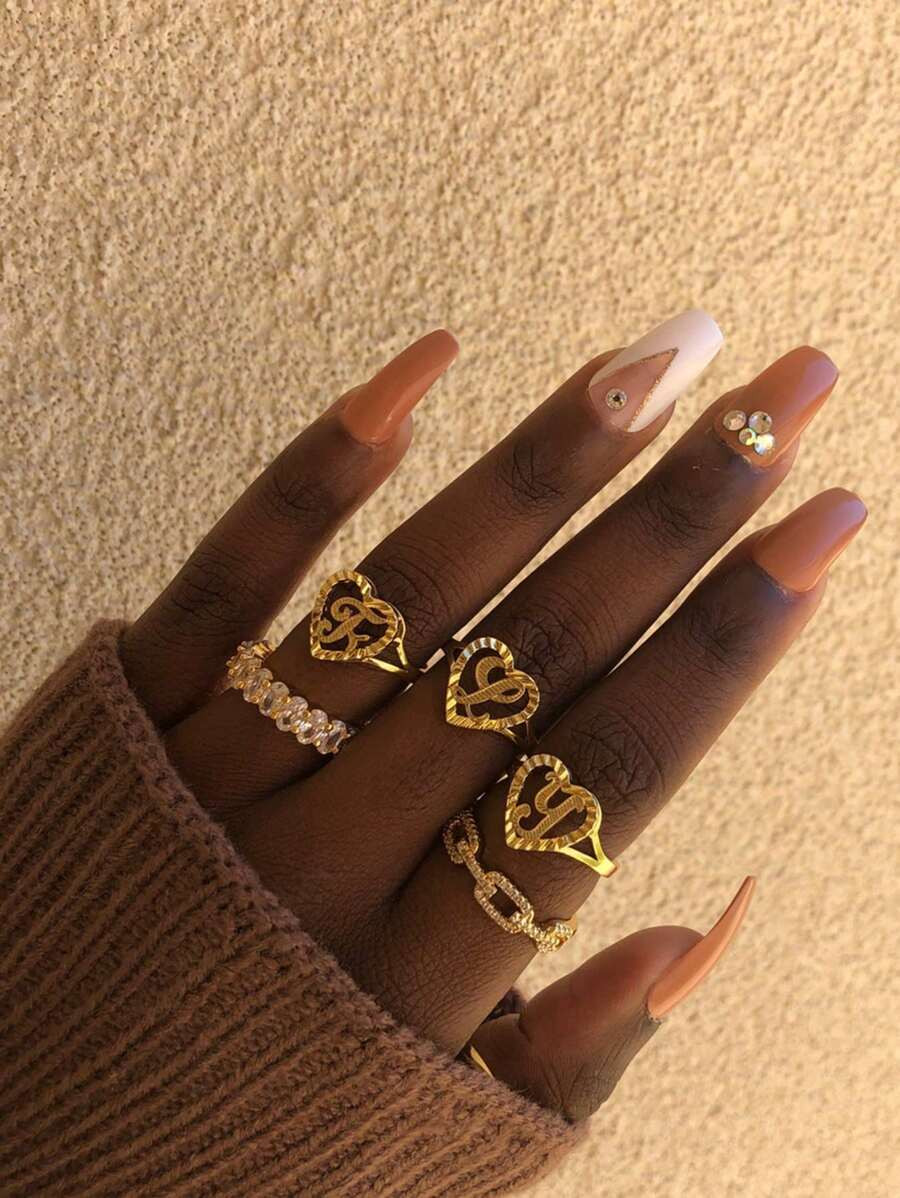 1PC Vintage Initial Heart Ring Personalized Carved Letter Minimalist Stacking Ring Gifts For Her ... | SHEIN