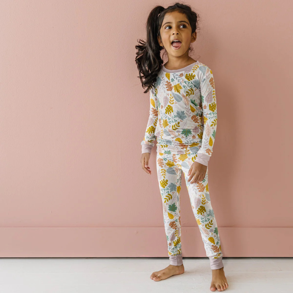 Dusty Mauve Fall Leaves Two-Piece Bamboo Viscose Pajama Set | Little Sleepies