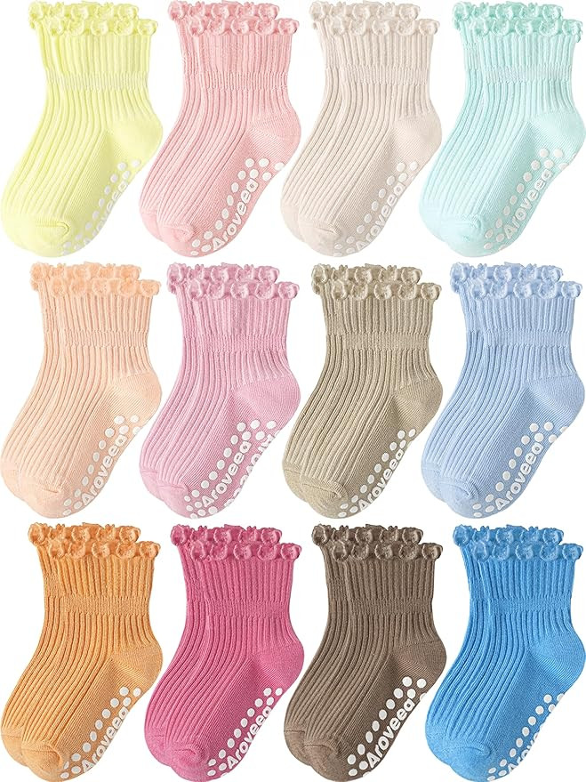 Baby Toddler Girls Socks Grip Ruffle Non Slip Kids Cotton 12 Pack Socks | Amazon (US)