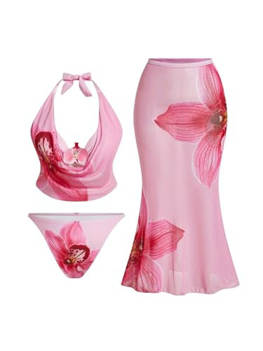 Verdusa Women's Plus Size 3 Piece Boho Halter Bikini Set 3D Floral Swimsuits with Cover Up Skirt Pink X-Large Plus | Amazon (US)